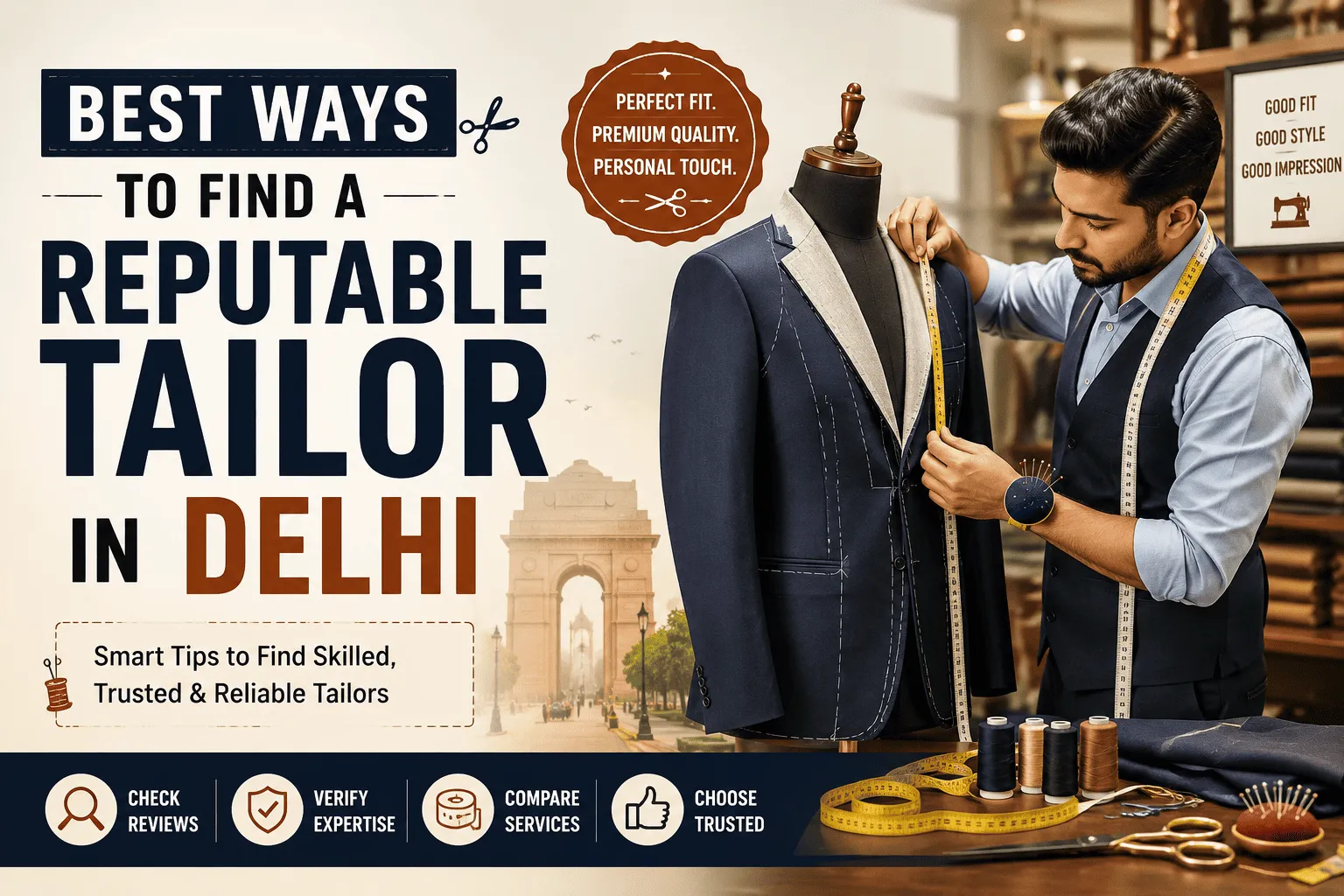 Professional tailor measuring a custom suit in Delhi, showcasing the best ways to find a reputable tailor in Delhi for quality tailoring services.
